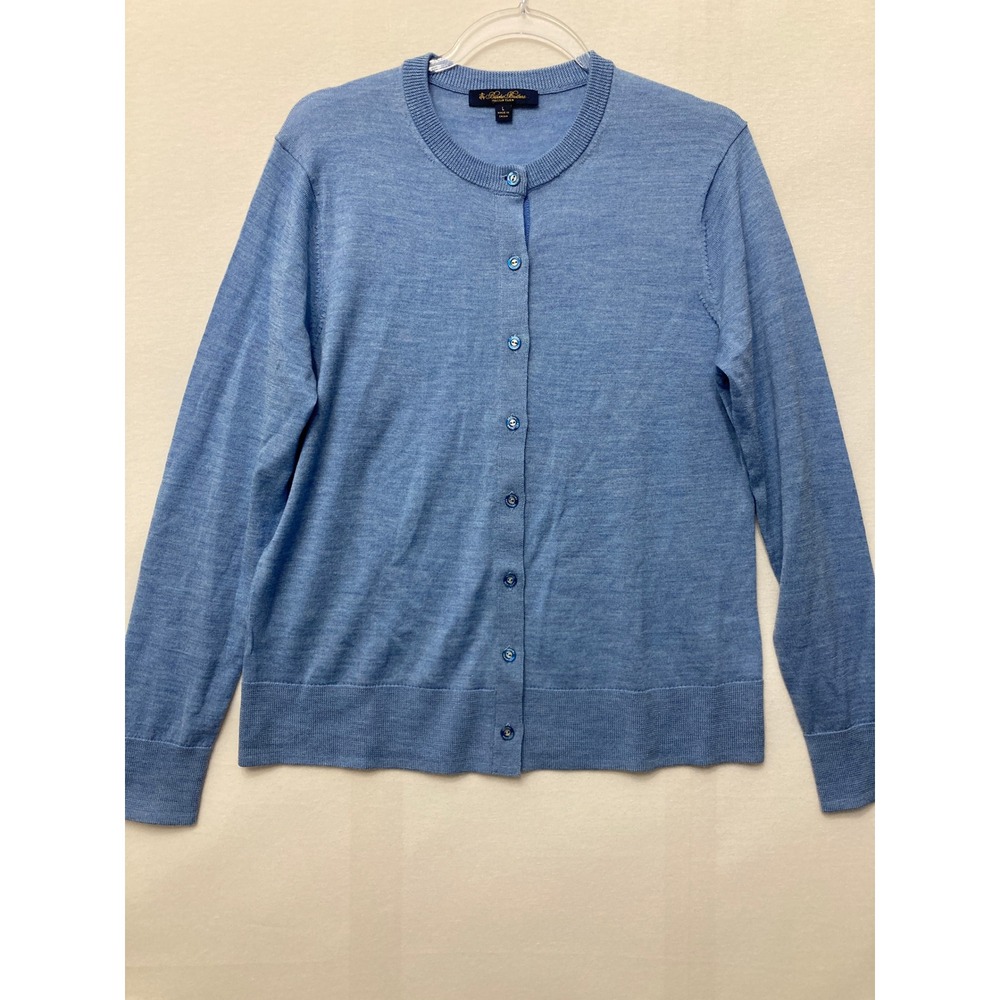 Brooks Brothers Cardigan Large Blue Merino Wool Italian Preppy Crew Neck Sweater